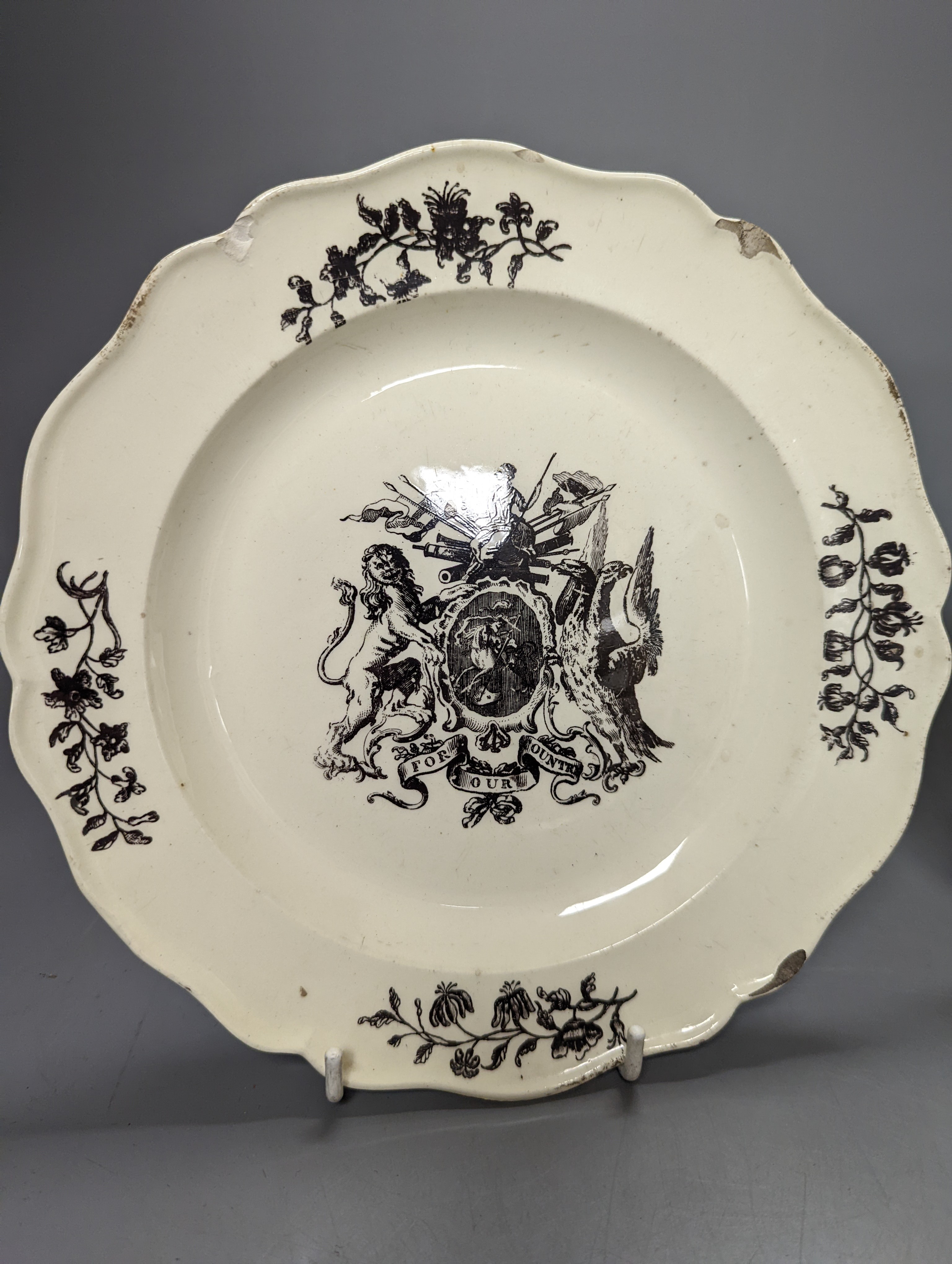 Two creamware Anti Gallican Society plates, c.1760, 21cm diameter (2)